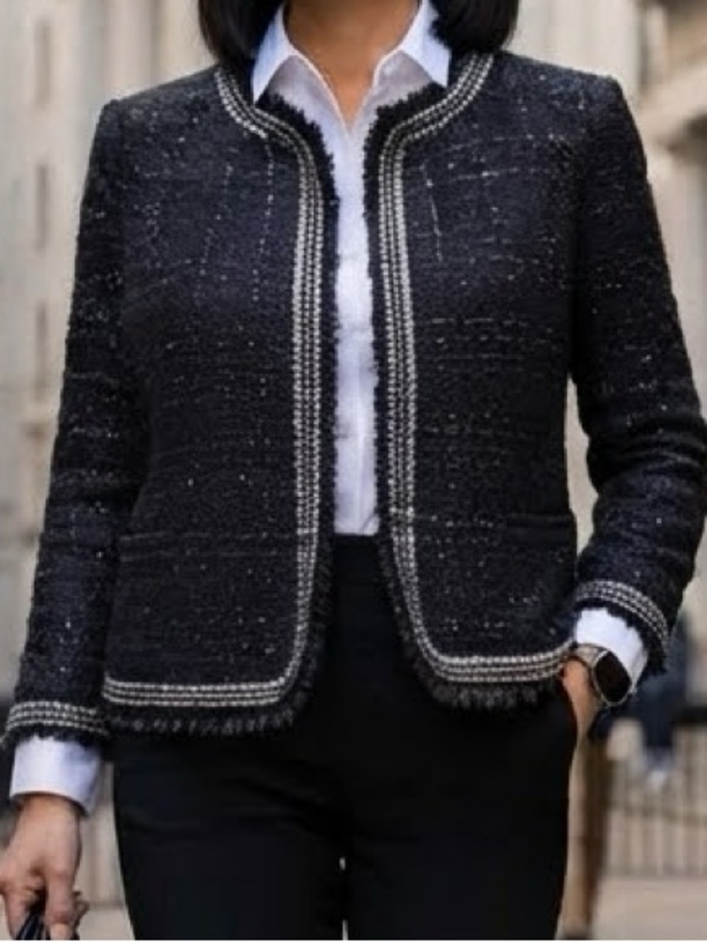 Chico's Black Metallic Embellished Tweed Open Front Jacket L 2 Timeless Classic